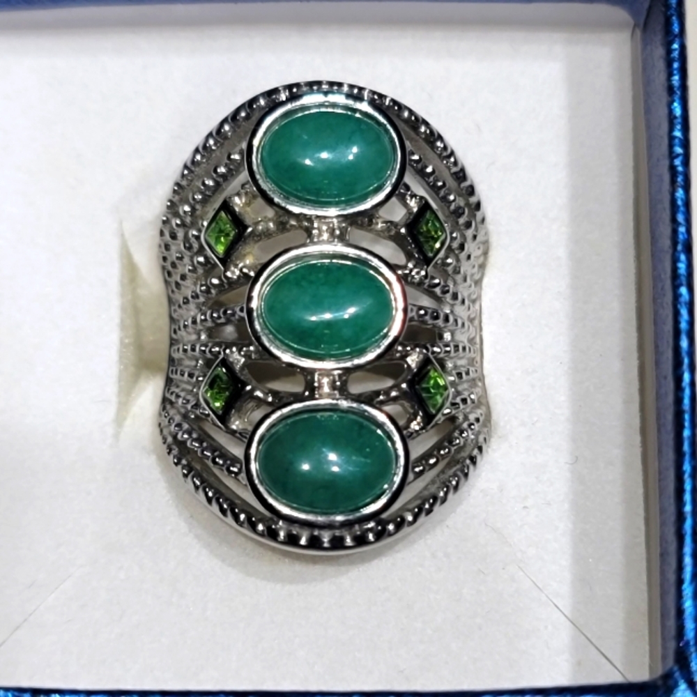 Green Aventurine, Neon Green  Austrian Crystal Ring